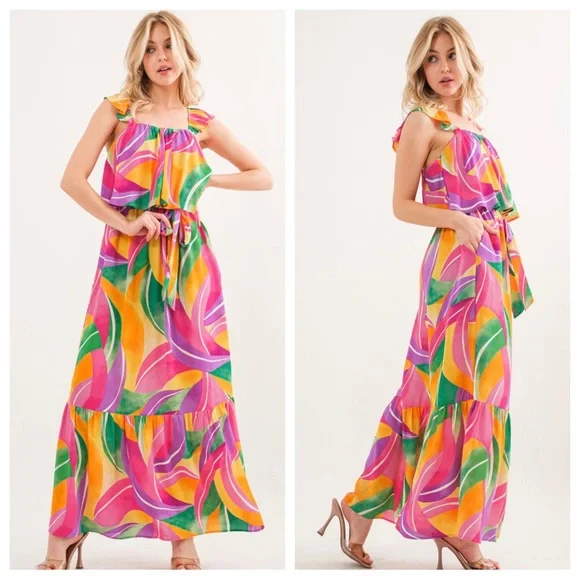 05 Boho Multi Color Ruffle Sleeve Tiered Maxi Dress